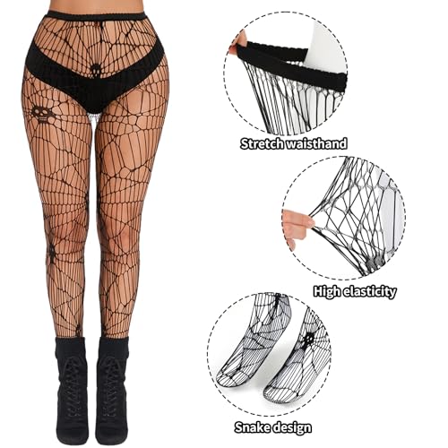2 Pcs Women's Spider Web Net Tights, Patterned Fishnet Stockings, High Waist Black Spiderweb Tights for Women - One Size3