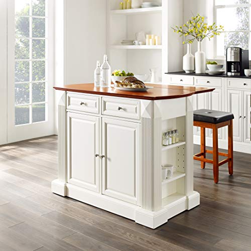 Crosley Furniture Drop Leaf Kitchen Island/Breakfast Bar With 24-Inch Upholstered Square Seat Stools, White/Classic Cherry #TOP1