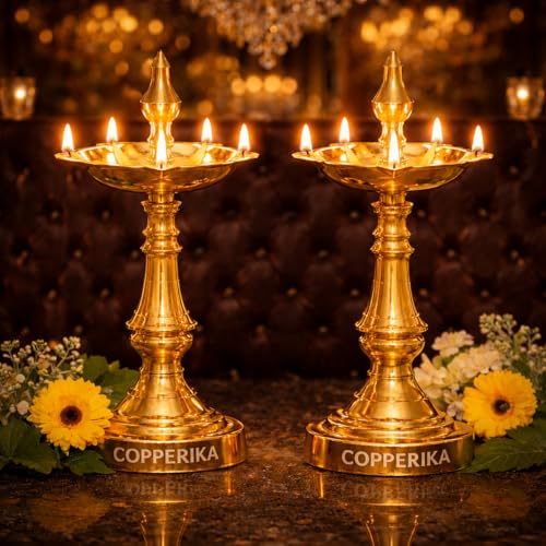 Image of Premium 100% Pure Brass Diya Kerala Samai 9.1 Inch (Set of 2) Oil Lamp Deepak Lamp Kutthu vilakku Panchmahal Deepam for Pooja Mandir Diwali Indian Puja Ganesh Chaturthi Return Gift