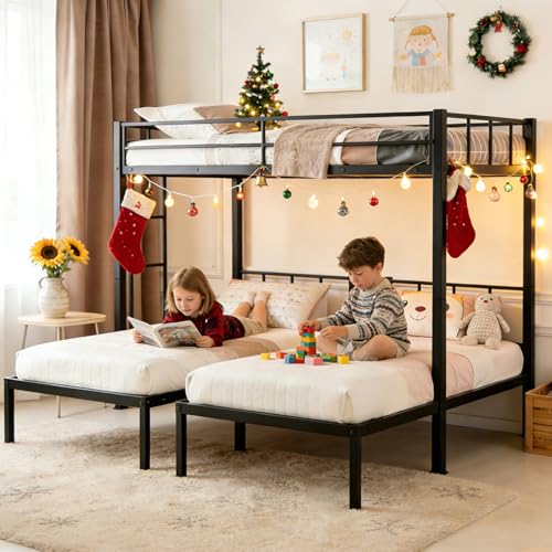 Mixcous Heavy Duty Triple Bunk Bed, Twin Over Twin Over Twin with Guardrails and Ladder, Metal Bunk Bed for 3, 3 Bed Teens and Adults, No Box Spring Needed, Black
