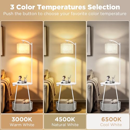 Image of LUTEC Floor Lamp with Table, End Table with Charging Station(USB & Type-C & AC Port), Round SideTable with Fabric Basket, 3 Color Temperatures 9W LED Bulb, Modern Nightstand for Bedroom, Living Room