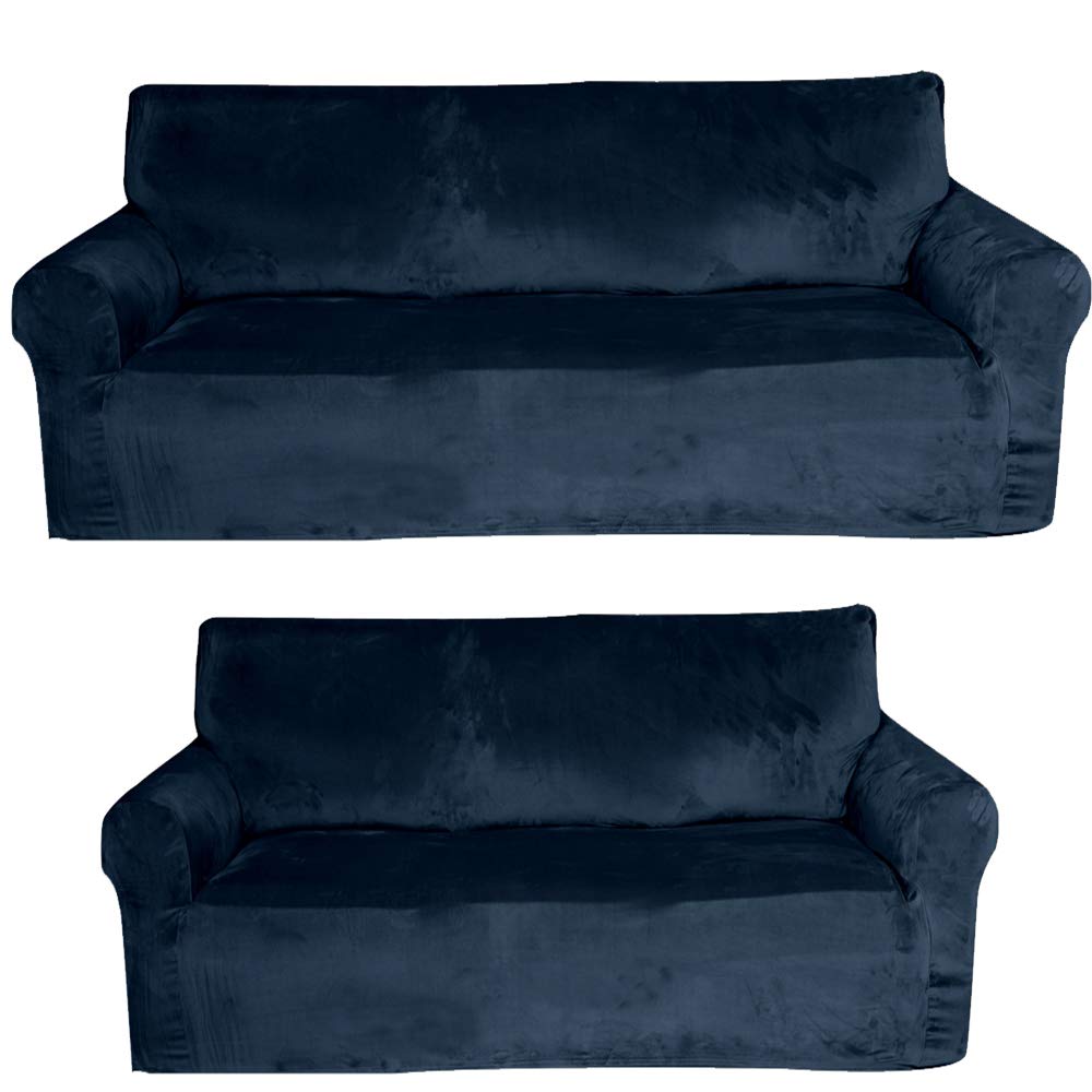 Golden Linens 2 pcs Velvet Fabric Stretch 4 Way to Fit/Slipcovers Set, Couch/Sofa and Loveseat Cover, Furniture Protector# JOLAN (Dark Grey)
