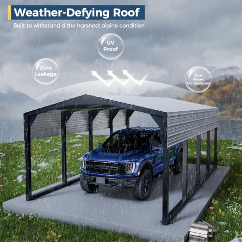 Image of Military-Grade Metal Carport 12x20 FT, Heavy- Duty Galvanized Steel Roof | 2x2 inch Steel Poles with Powder Coating, 17-Gauge Walls,100 PSF Snow Load Roof, Hurricane Resistant, Pickup, Truck, Ash Gray