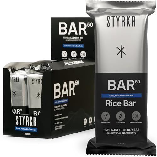 Energy Bars by Styrkr - Pack of 12 Rice Bars for Cycling & Running - Date, Almond & Dark Chocolate - Approved by Endurance Athletes - 50g of Carbs via Advanced Dual-Carb Formulation - BAR50-12x