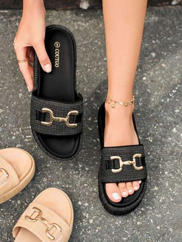 Image of Coutgo Womens Platform Sandals Raffia Espadrilles Metal Chain Slip on Open Toe Cute Beach Slide Sandals