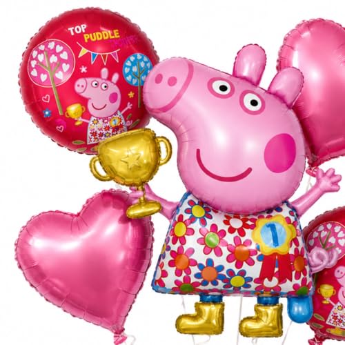 Image of Wanna Party Cute Pink Pig Floral Print Balloon Bouquet Set - 5PC Foil Balloon Decoration, Helium Supported for Kids Birthday, Farm Theme Party, Cake Table & Photo Booth Decor