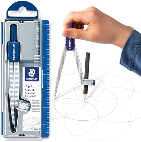 STAEDTLER Metal Drawing Compass, Geometry Tool, 4-7/8in with Safety Point & Universal Adapter, Includes Protective Storage Case with Measurement Guide