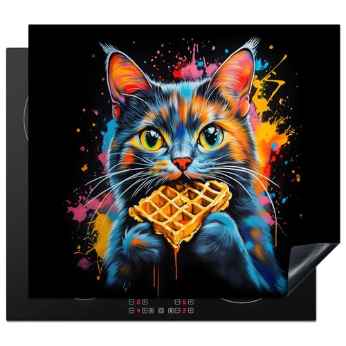 KitchenYeah© Protection Plaque Induction 60x52 cm Protege Deco Cuisine Cache Protège De Cuisson Accessoires Chat - Graffiti - Coloré - Gaufre - Nourriture