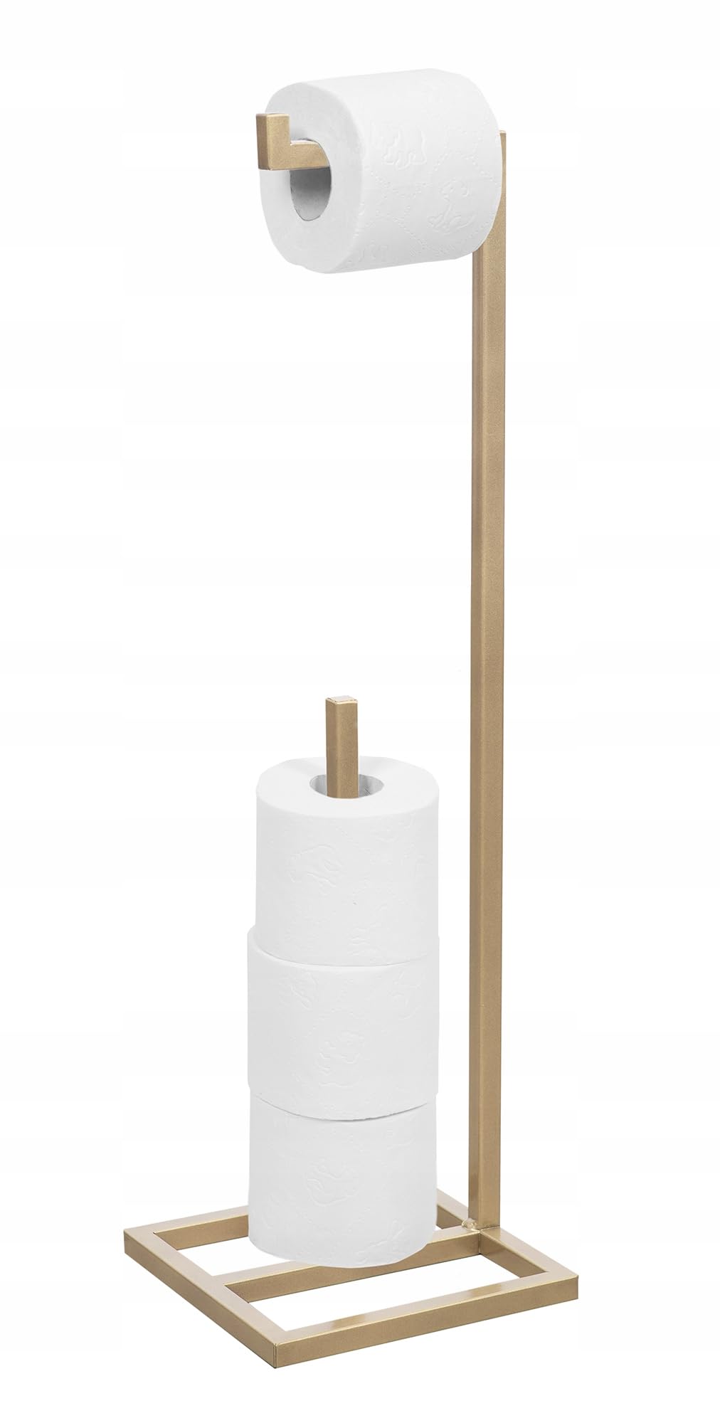Porte-Papier Toilette sur Pied – Support Papier Toilette sans Perçage avec Espace de Rangement – en Métal Thermolaqué – 23 x 23 x 69 cm – Sono Or