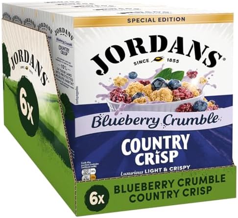 Jordans Country Crisp Blueberry Crumble Breakfast Cereal - Oat and Barley Clusters with Blueberry Crumble - No Artificial Flavours or Preservatives - British Baked Cereal - 450g (Pack of 6 x 450g)