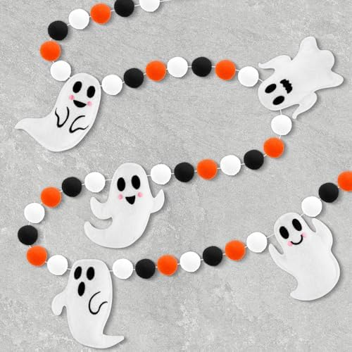 Halloween Decorations 7.5 Ft Felt Pompom Banner Cute 3D Ghosts Felt Ball Pre-Assembled Hanging Banner Happy Halloween Haunted House Garland for Doorways, Mantle, Wall, Party Supplies