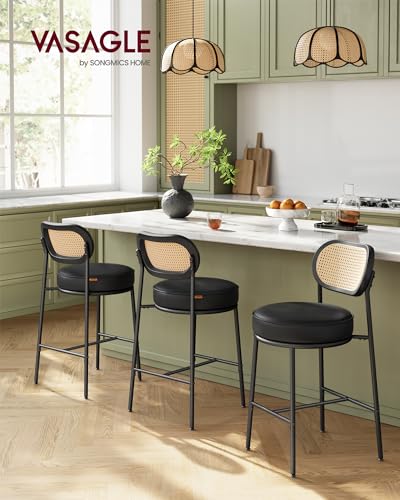 Image of VASAGLE Bar Stools Set of 2, Bar Height Stools with Rattan Back and Metal Legs, 25.1-Inch Tall Counter Chairs, Modern Leather Upholstered Barstools for Kitchen Island Dining Room, Ink Black