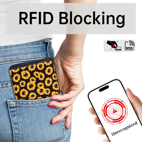 Image of Toughergun Sunflower Floral RFID Small Wallet Women, Slim Thin Vegan Leather Bifold Wallet with Zipper Coin Pocket & ID Window, Cute Mini Credit Card Holder Gift for Women Ladies Teen Girls