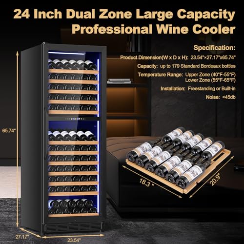 Image of 24 Inch Dual Zone Wine Cooler Refrigerator, Large Capacity Freestanding /Built-in Upgraded Professional Wine Fridge with Powerful Compressor, Advanced Cooling System, Quiet Operation, Black
