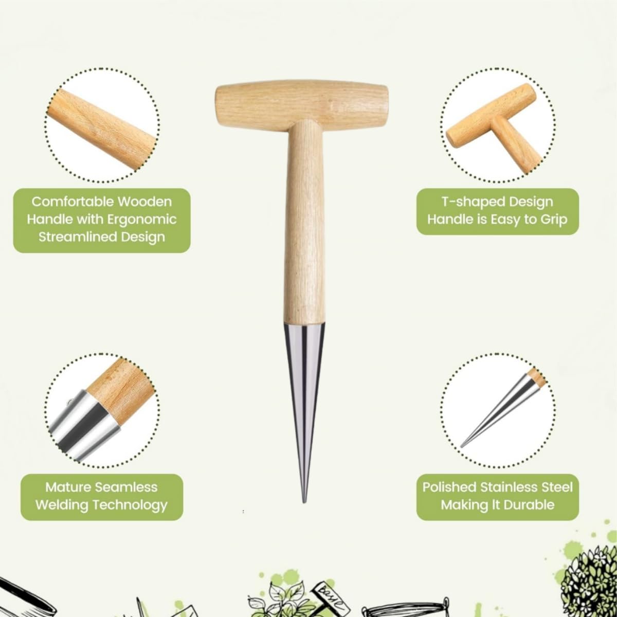 Piantatoio tradizionale,semina dibbers bulbi strumenti di piantagione bulbi in acciaio inox,maneggevole foraterra alberelli e bulbi con facilità e precisione,28 cm