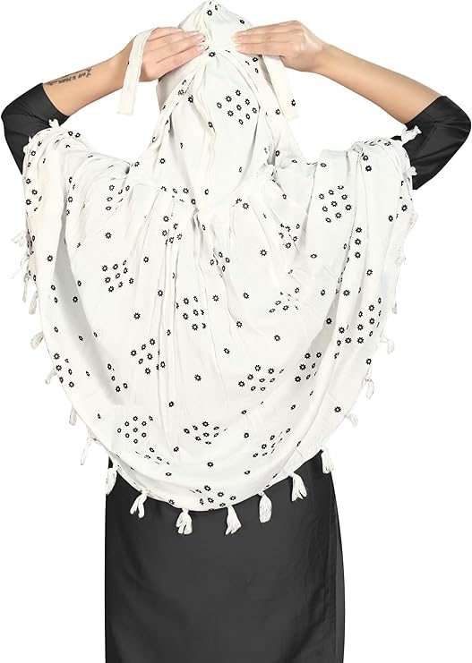 Image of Cotton Long Scarf Cum Mask Scarves Usable for Vehicle Driver | White Printed Design Fabric | Universal Size | Soft & Breathable Sun Protection | For Girl & Women