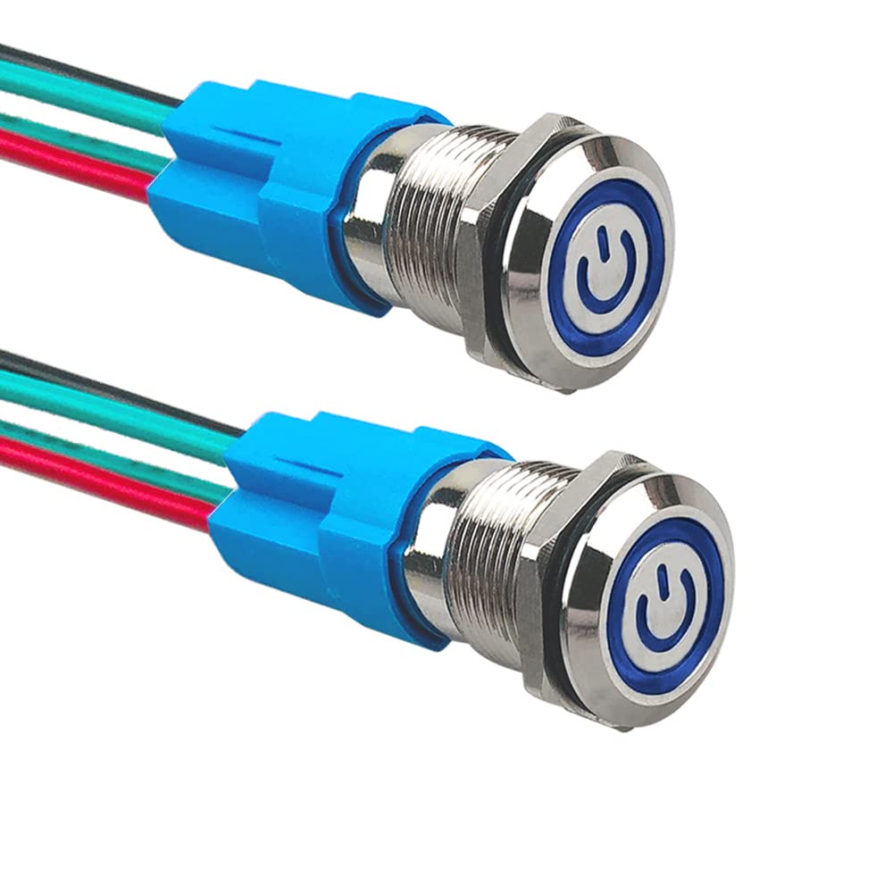 2 sztuki 12 mm automatyczny przełącznik przyciskowy, 12 V / 24 V 3A wodoodporny przełącznik przyciskowy ze stali nierdzewnej IP66, z gniazdem przewodowym (niebieska dioda LED)