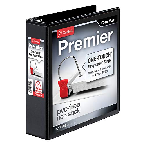 Cardinal 3 Ring Binder, 2 Inch Premier Easy Open Binder, ONE-Touch Locking Slant-D Rings, 565-Sheet Capacity, ClearVue Cover, PVC-Free, Black (10321CB)