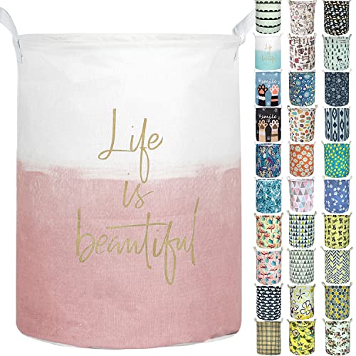 Aouker Merdes 19.7’’ Waterproof Foldable Laundry Hamper, Dirty Clothes Laundry Basket, Linen Bin Storage Organizer for Toy Collection (Life Pink)