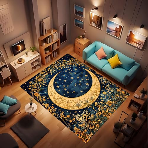 Moon Vintage Rug - Exquisite Decorative Border Elegant Blue Gold Starry Moon Rug, Celestial Plant Flower Rug, Perfect Mat Gift for Girls Women's Birthday Festival, Bedroom Living Room 63x94inch