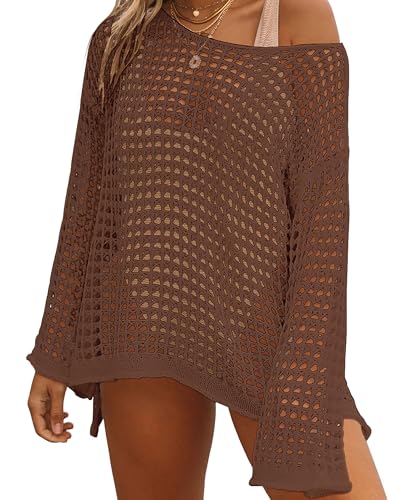 Image of Bsubseach Crochet Cover Up Women Sexy Hollow Out Swim Coverup Summer Outfit | Long Sleeve Beach Cover Up, One Size Fits All, Flattering for All Body Types, Chic Crochet Top, for Vacations & Lounging