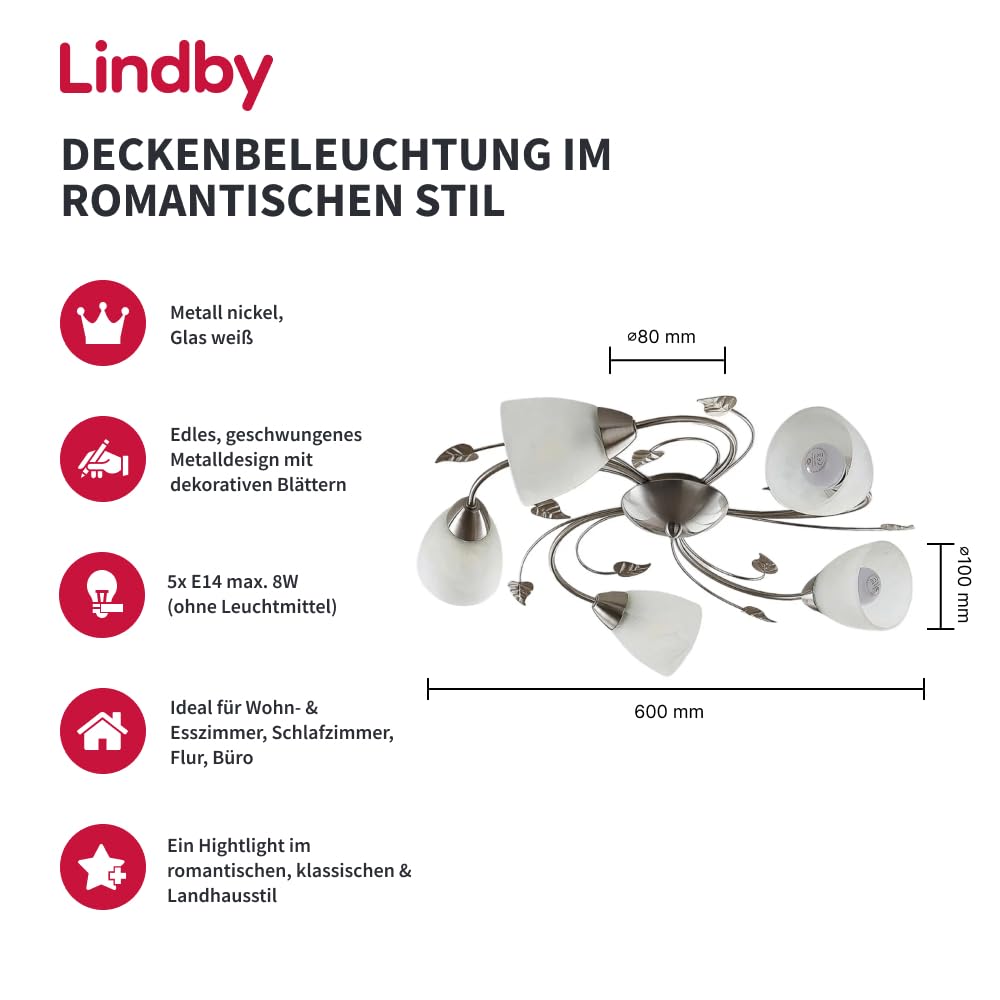 Lindby Deckenlampe Florentiner Stil, Glas Metall Deckenleuchte 5x E14 max. 8W ohne Leuchtmittel Deckenstrahler Strahler Flur Lampe Wohnzimmer