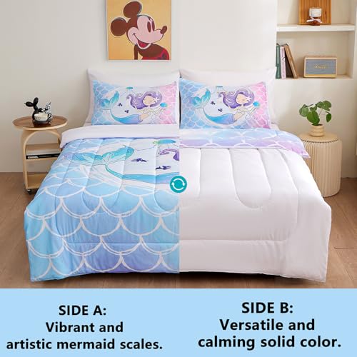Image of 5 Piece Mermaid Comforter Twin Size, Mermaid Bedding Twin for Kids Girls, Kawaii Cute Reversible White Bed in a Bag, Soft Microfiber Children Adults Room Decor All Season