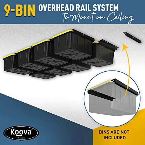 Image of Koova Heavy-Duty Overhead Garage Storage Rack for 9 Bins. Adjustable Width, 360lb Capacity. DIY Safe Mount, Easy Install. Fits 27-Gallon Totes. USA Made Pro-Grade Steel. Space Saving Organizer