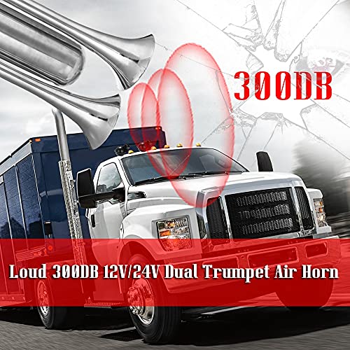 Liuwei Horn Universal Car Dual Trumpet Air Horn 300Db Trumpet Truck Dual Air Horns Kit Super Loud Car Speakers For Van Boat Pickup 12V 24V (Color : Silver) #TOP4
