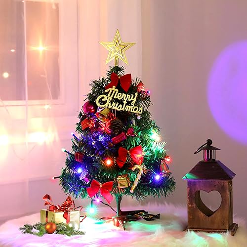 50 cm Mini árvore de Natal de mesa artificial com luzes e ornamentos, pequena árvore de Natal, mini árvore de pinho artificial de mesa para decoração de secretária de casa e escritório