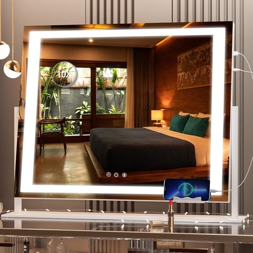 Vanity Mirror with Lights and Phone Holder for Makeup - 24.2 x 19.7 LED Mirror with 10X Magnification, USB, Smart Touch Controls
