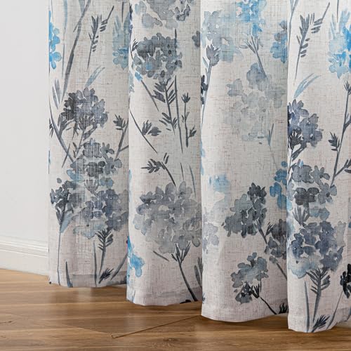 Image of MYSKY HOME Linen Curtains for Living Room 84 inch Length 2 Panels with Floral Pattern Semi Sheer Light Filtering Privacy Window Drapes for Bedroom Dining Room Patio, Navy Blue, 2 Pcs