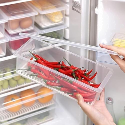 Image of VOLCANO 1500 ML Fridge Storage Containers (Pack of 6), Fridge Organiser Storage Boxes with Removable Drain Plate, Fridge Organizer, Fridge Storage Box Kitchen Containers Keep Fruits Vegetables Fresher