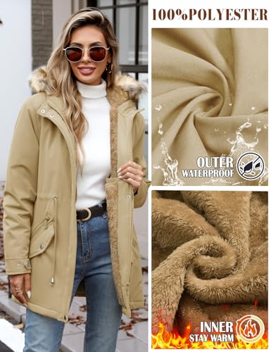 Vijamiy Winterparka Damen Warm Gefüttert Fleece Winterjacke Wasserdicht Wintermantel Winddicht Kapuzenmantel Mit Fell Lange parka(Khaki,S)