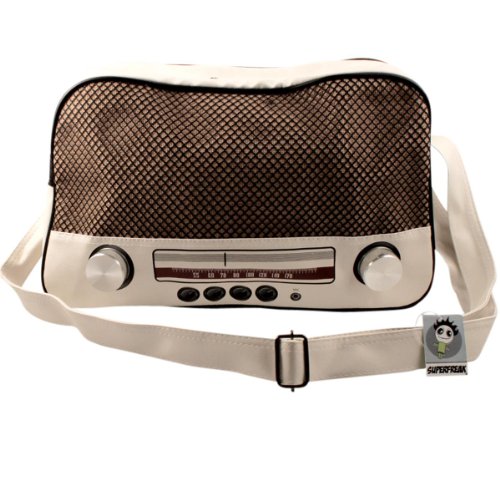 Superfreaku00ae Tasche Radio Umhängetasche Radiotasche groß & quer, Farbe: Weiß u0096 Drehregler silber