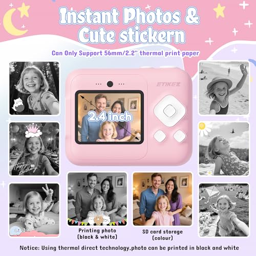 Kids Camera, 1080P Instant Digital Print Camera for Kids, Christmas Birthday Gifts for 4 5 6 7 8 9 10 Year Old Girls Boys, Portable Toy with 32GB SD Card & 3 Rolls Printing Paper, Pink - Image 4