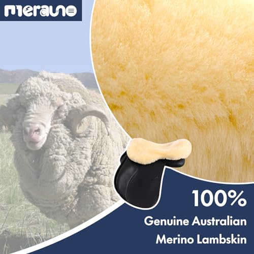 Merauno® Lammwolle Sattelsitzbezug, aus Merino Lammwolle für optimalen Sitzkomfort, mit Einer regulierbaren Klettstrippe. Passend für alle englische Sättel. Farbe: Natur, Schwarz, Braun, Anthrazit.