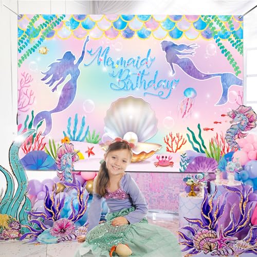 Mermaid Backdrop for Girls Birthday, Mermaid Birthday Decorations, Little Mermaid Party Decorations Under the Sea Backdrop, Mermaid Birthday Banner Backdrop for Photography Background, 72x44Inches