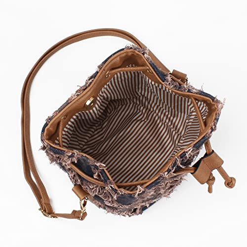 Image of Women Denim Mini Bucket Shoulder Crossbody Bag Drawstring Quilted Distressed Tassel Barrel Shape Satchel Purse