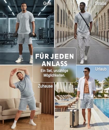 Elainone Herren Sommer Set 2 Teilig – T-Shirt & Shorts Trainingsanzug Kurz, Atmungsaktiv & Elastisch, Freizeitanzug Herren, Modern Slim Fit, Ideal für Sport, Urlaub & Alltag Grau L