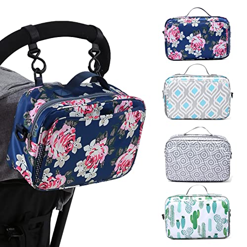 Image of GOGOSO Baby Stroller Organizer Bag with Insulated Pocket, Universal Fit Most Strollers, Space for Diapers, Wipes & Toys Flower