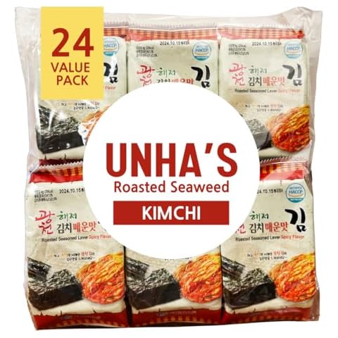 Korean Crispy Seasoned Seaweed Snacks Kimchi Spicy Sheets - 24 Individual Packs 100% Natural Laver 24 Pack Roasted Nori Snack Healthy Premium Gim by Unha's Asian Snack Box (Kimchi_24PK) Cover