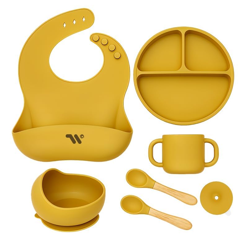 S2C 6 Pcs Silicone Baby Feeding Set, Baby Led Weaning Set, Feeding Supplies for Toddlers New Born, Suction Silicone Plate with Divider, Feeder,Bib,Spoon (YELLOW)