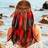 GORTIN Boho Feather Headband Hippie Headpiece Gypsy Indian Costume Headdress Hair Accessory for Women(B-Red, One size)
