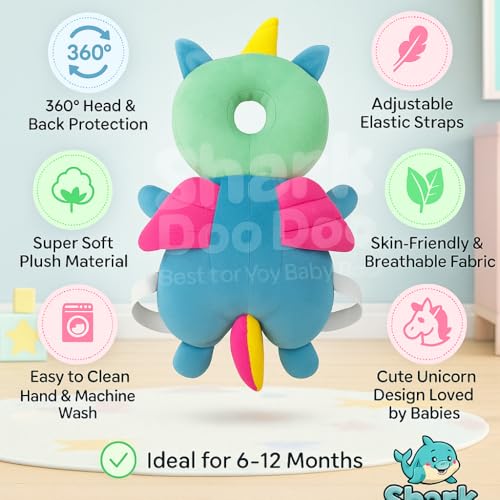 Image of Shark Doo Doo Baby Head Protector Cushion for 6-24 Months | Soft Plush Safety Backpack for Toddlers | Adjustable Straps, Anti-Fall Pillow for Infants (Unicorn)