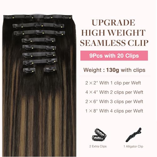 Image of GOO GOO Clip in Hair Extensions Real Human Hair, Remy Human Hair Extensions Clip ins for Women, Natural Human Hair, 14inch 130g 9Pcs, 2 /6 /2 Balayage Dark Brown to Chestnut Brown