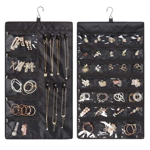 Zilink Hanging Jewelry Organizer for Closet with Metal Hooks and Zippers Dustproof Jewelry Organizer Double-Sided Jewelry Holder Organizer for Earrings, Bracelets, Necklaces, Rings, Black