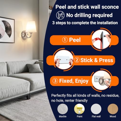 Image of YHCDLAMP Peel and Stick Wall Sconces, No Drilling Stick On Wall Sconce, Wireless Battery Operated Wall Lights, Adhesive Wall Lamp with 10000mAh Battery Bulb for Bedroom Living Room Decor