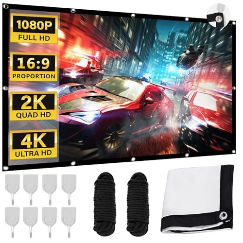 Proiettore HD Schermo Proiezione per con Corde e Ganci Film Portatile per Casa Ufficio Scuola e Campeggio Allaperto 16:9 100 pollici tela