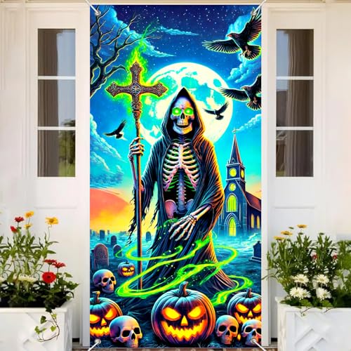 Image of BlissYard Halloween Door Cover Grim Reaper Cross 35x71 Inch Polyester | Door Banner, Wall Decor | Grim Reaper Entry Accent, Skeleton Backdrop | Porch, Hallway, Party (Gothic Art)